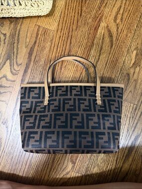 Brown and Black Logo Tote with Tan Handles
